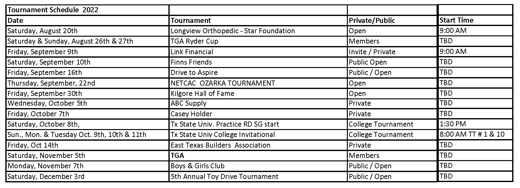 Tournament Schedule - Tempest Golf Club